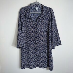 Catherine's Plus Size Short Sleeve Button Front Blouse-Tan Blue White-Size 3X